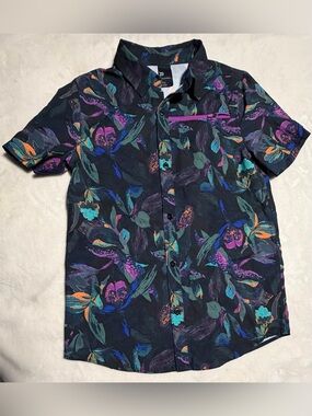 all in motion Black Floral Short Sleeve Shirt with Teal & Purple Accents